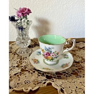 Crown Staffordshire Bone China Teacup Saucer Mint Green Floral Gold Gilt England